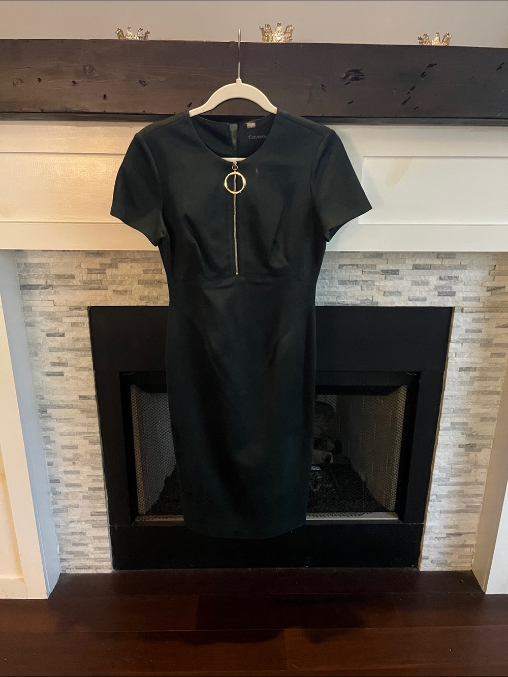 Calvin Klein Forest Green Sheath Dress with Gold Ring Zipper Pull